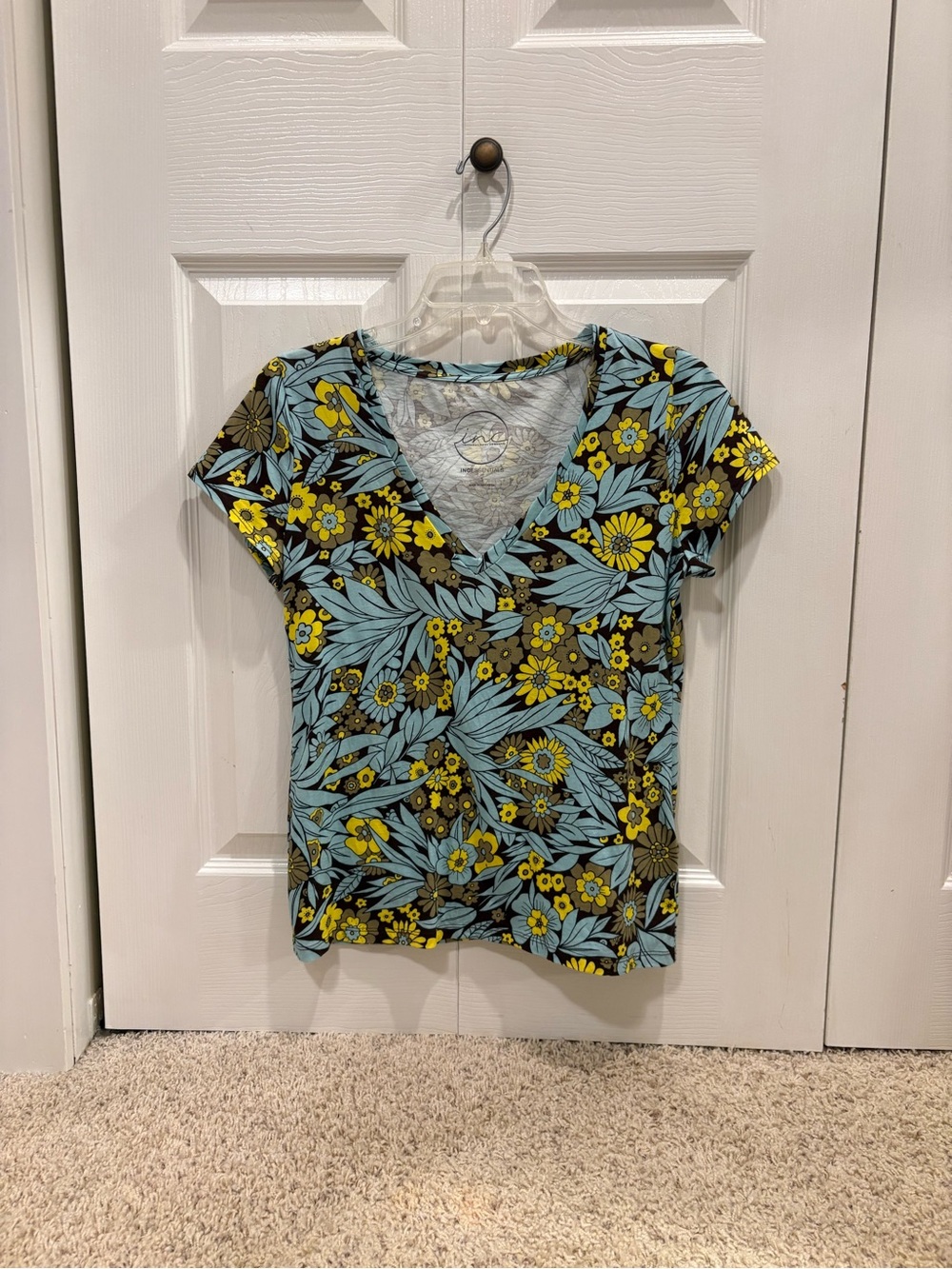 INC International Concepts Blue and Yellow Floral V-Neck Tee